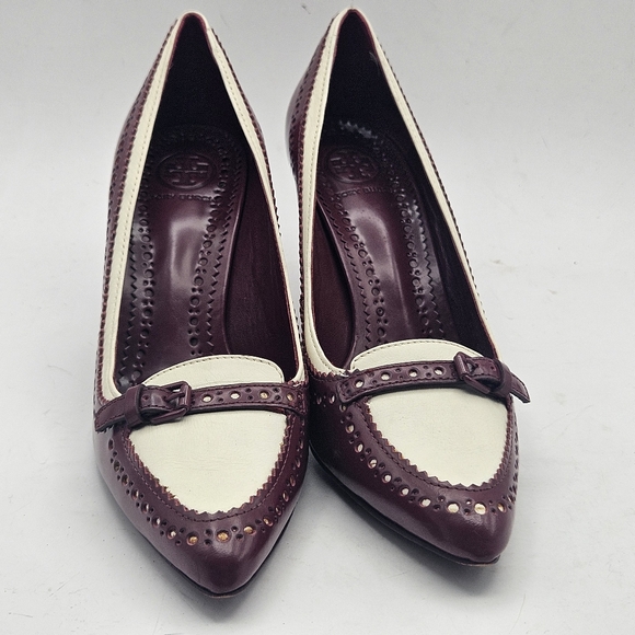 Tory Burch Darlene maroon ivory pump heels 6.5 Vintage shoes Spectator - Picture 4 of 11